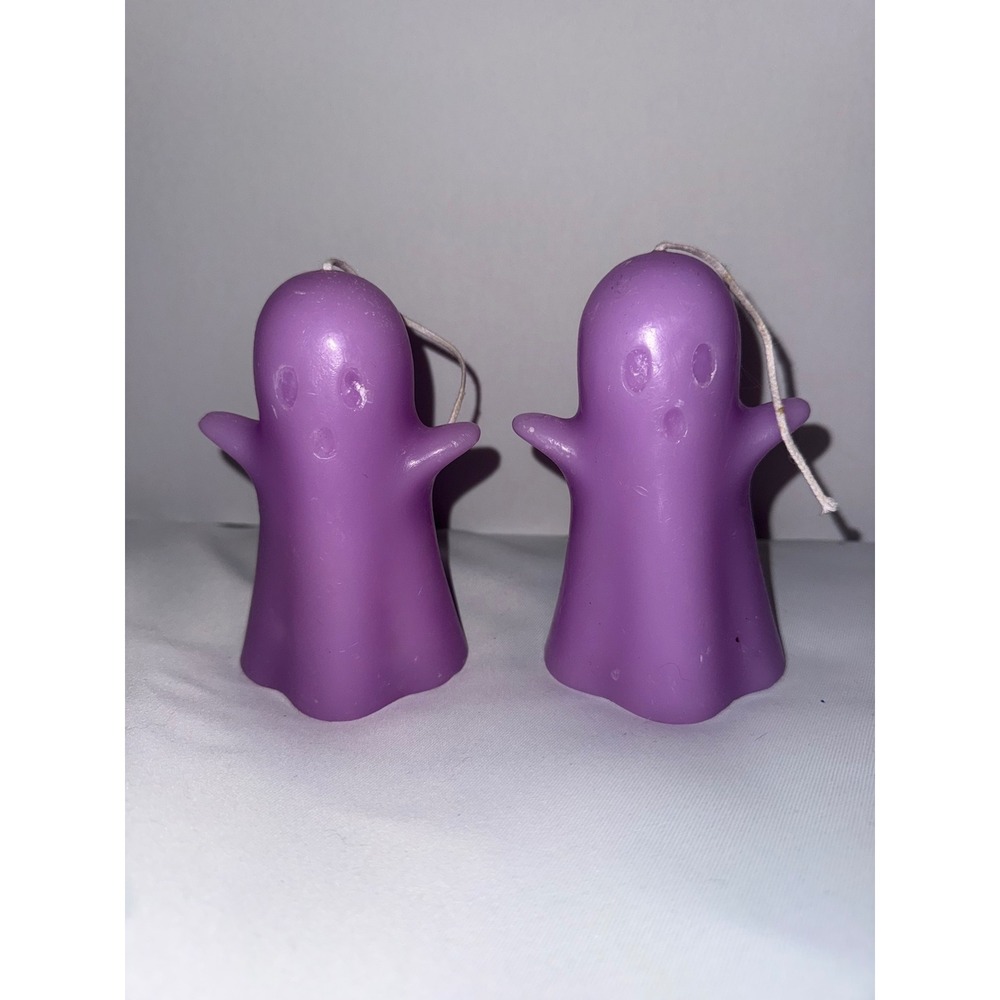 Purple Ghost Candles Set of 2 Halloween Spooky Decor Unscented Wax Pillars 3in